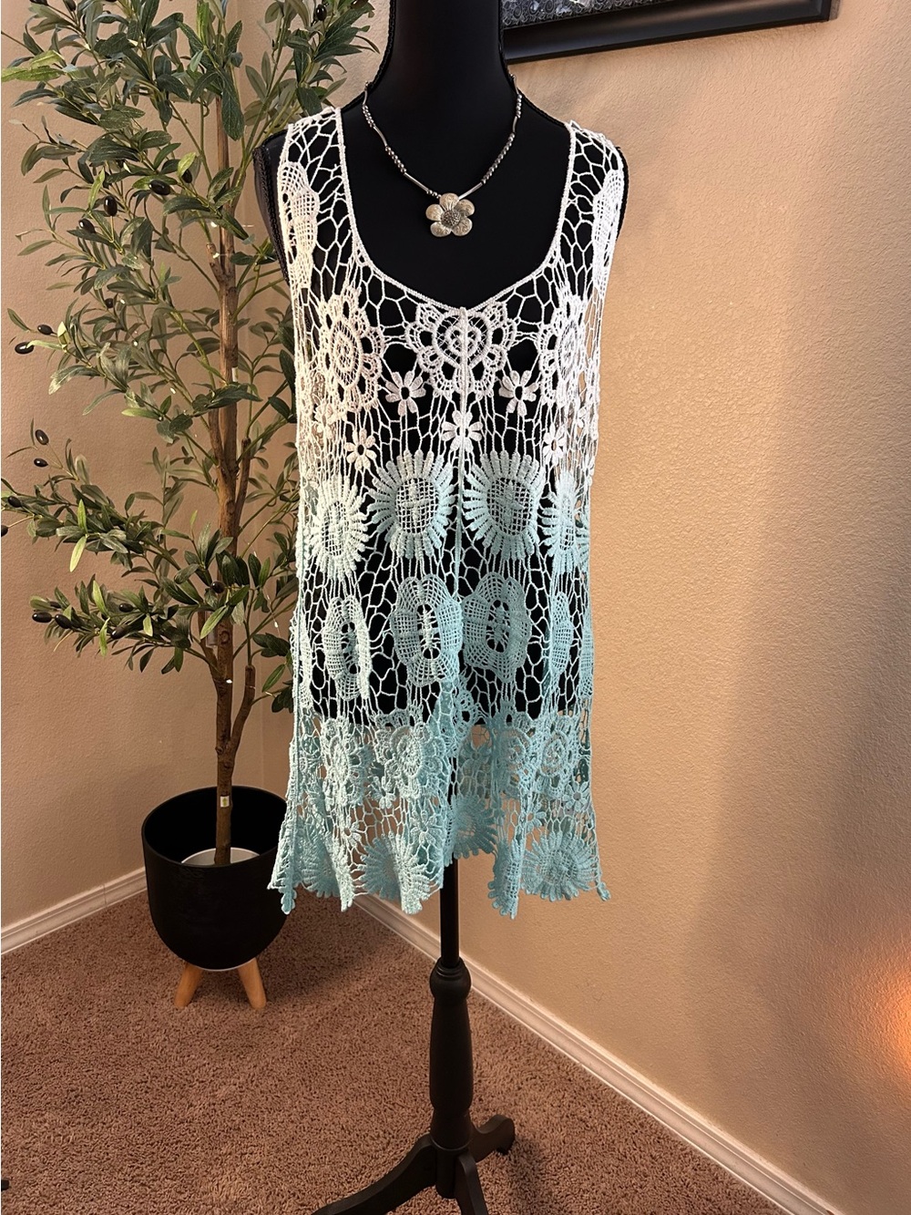 Rain Tank Top Coverup Crochet Open Work Boho Ombré Festival